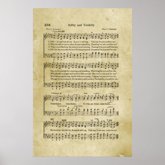 Softly and Tenderly Gospel Sheet Music Poster (Vorne)