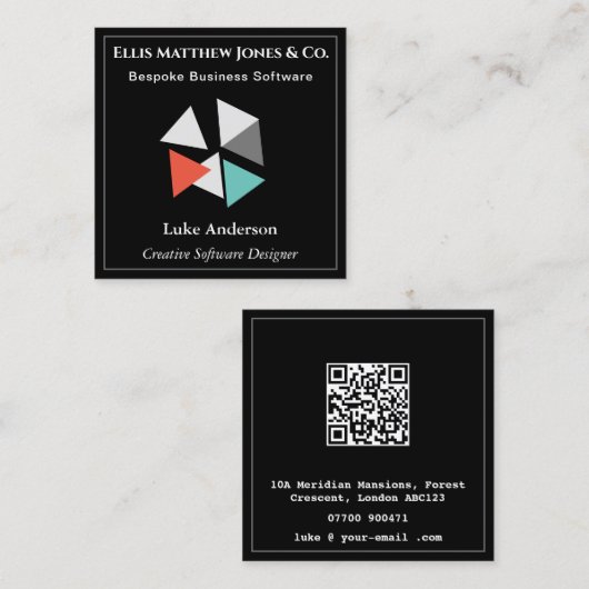 Software Developer Black Geometric QR Code Quadratische Visitenkarte (Vorne/Hinten)