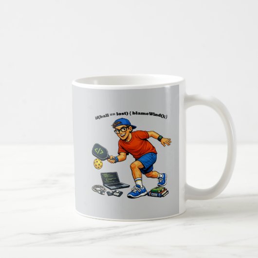 Software-Ingenieur, der Pickleball mit einem Paddl Kaffeetasse (Rechts)