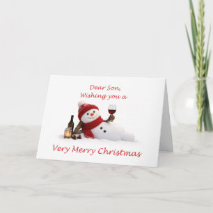 Sohn entspannter Schneemann mit Wein Weihnachten