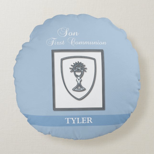 Sohn, Erste Kommune Silver Chalice Rundes Kissen (Vorderseite)