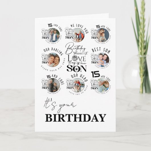 Sohn Geburtstag 8 Foto-Collage Typografie Karte (Vorderseite)