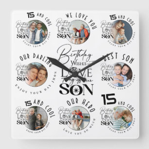 Sohn Geburtstag 8 Foto Collage Typografie Quadratische Wanduhr