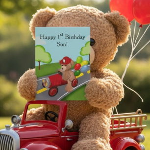 Sohn Glücklicher 1. Geburtstag Teddybär im Feuerwe Karte