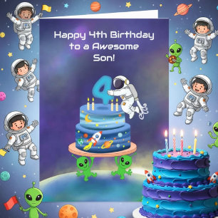 Sohn Happy 4. Geburtstag Astronaut mit Kuchen Karte