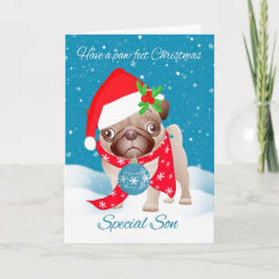 Sohn, Mops-Hund mit niedlicher Weihnachtsmannmütze Feiertagskarte