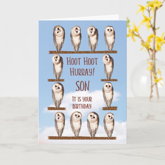 Sohn zum Geburtstag, neugierige Eulen Karte (Gelbe Blume)