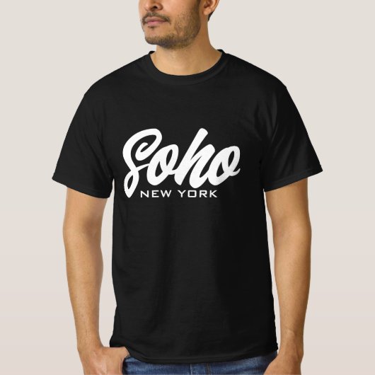Soho New York, schwarzweiße Schriftzeichen T-Shirt (Vorderseite)
