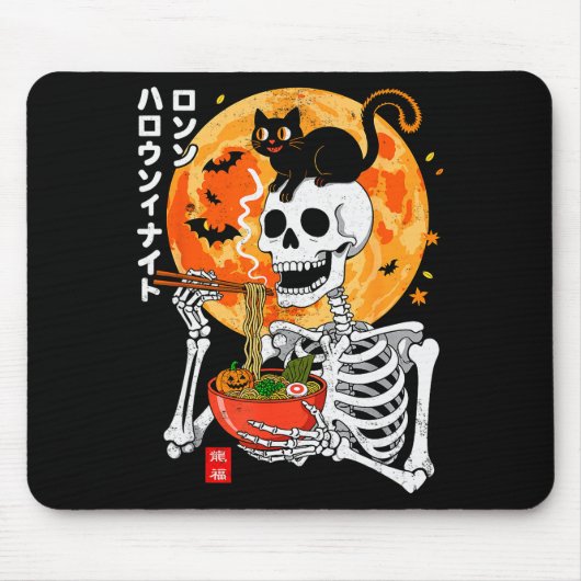Soky Skeleton Eating Ramen Bowl With Cat Halloween Mousepad (Vorne)