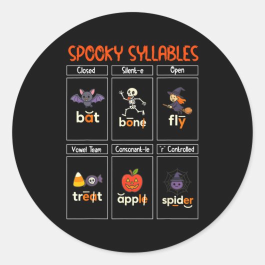 Soky Syllables Halloween Teacher Educational Phoni Runder Aufkleber (Vorderseite)