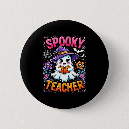 Soky Teacher Cute Ghost Reading Book Funny Hallo Button (Vorderseite)