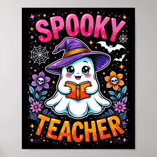 Soky Teacher Cute Ghost Reading Book Funny Hallo Poster (Vorne)