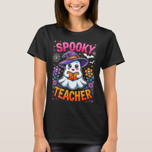 Soky Teacher Cute Ghost Reading Book Funny Hallo T-Shirt (Vorderseite)