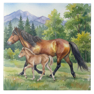 Sola Isländisches Pferd und Fohlen auf einer Bergw Fliese