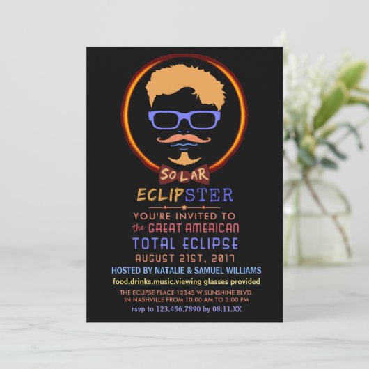 Solar Eclipse 2017 Party Funny Hipster Einladung (Stehend Vorderseite)
