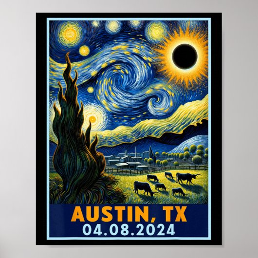 Solar Eclipse 2024 Austin Texas Van Gogh Starry Ni Poster (Vorne)