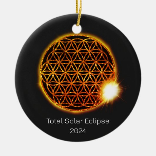 Solar Eclipse 2024 Gold Sparkling Blume of Life Keramik Ornament (Vorne)