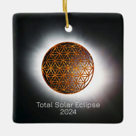 Solar Eclipse 2024 Gold Sparkling Blume of Life Keramikornament (Vorderseite)