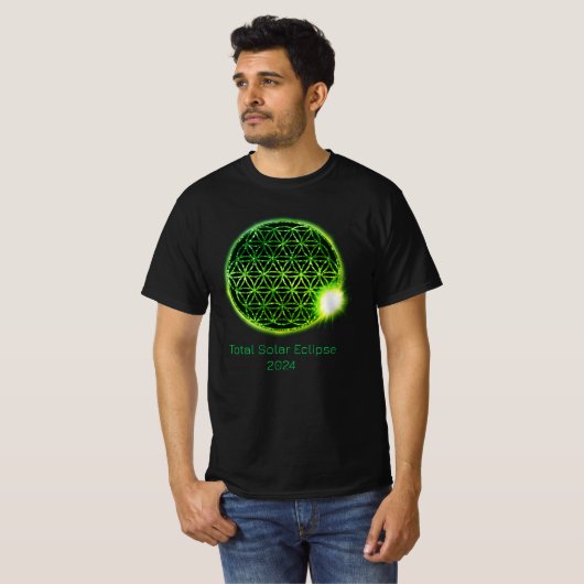 Solar Eclipse 2024 Green Sparkling Blume of Life T-Shirt (Vorne ganz)