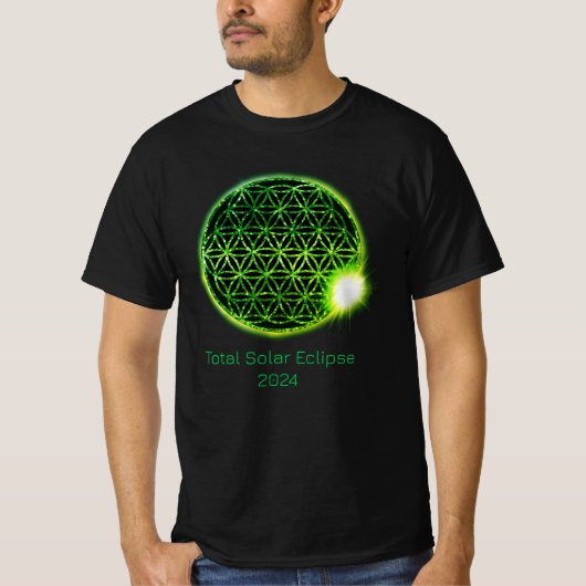 Solar Eclipse 2024 Green Sparkling Blume of Life T-Shirt (Vorderseite)