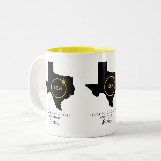 Solar Eclipse 2024 Individuelle Name, Stadt Texas Zweifarbige Tasse (Vorderseite Links)
