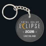 Solar Eclipse 2026 Totality Schlüsselanhänger<br><div class="desc">Bold lettering highlights the total solar eclipse with a crescent moon and bright starburst crossing the word eclipse. The clean layout and dark background make the design easy to read. A fun keepsake for travelers heading to Greenland to see totality in 2026.

Solar Eclipse 2026 Totality Keychain</div>