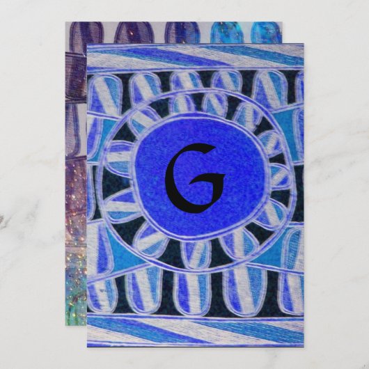 SOLAR MONOGRAM, hellblaue Turquase Schwarz-weiß Einladung (Vorne/Hinten)
