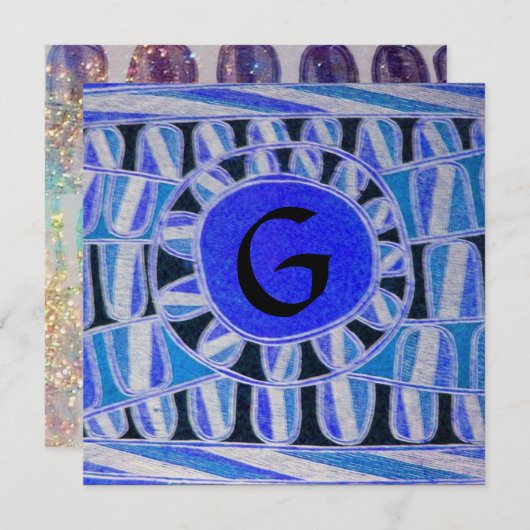 SOLAR MONOGRAM, hellblaue Turquase Schwarz-weiß Einladung (Vorne/Hinten)