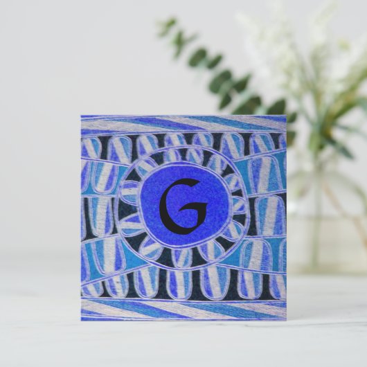 SOLAR MONOGRAM, hellblaue Turquase Schwarz-weiß Einladung (Stehend Vorderseite)