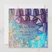 SOLAR MONOGRAM, hellblaue Turquase Schwarz-weiß Einladung (Rückseite)