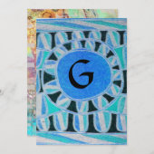 SOLAR MONOGRAM, hellblaue Turquase Schwarz-weiß Einladung (Vorne/Hinten)