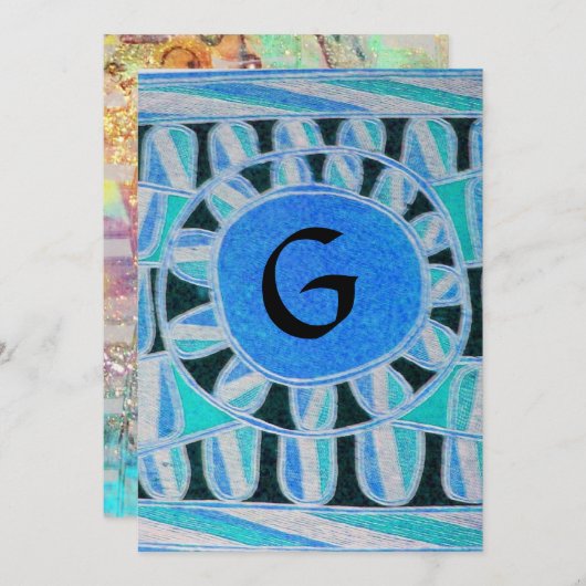 SOLAR MONOGRAM, hellblaue Turquase Schwarz-weiß Einladung (Vorne/Hinten)