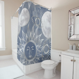 Solar Mystique   Dusty Blue Silver Moon Stars Sun Duschvorhang