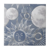 Solar Mystique | Dusty Blue Silver Moon Stars Sun Fliese (Vorderseite)