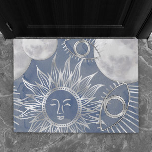 Solar Mystique Dusty Blue Silver Moon Stars Sun Fußmatte