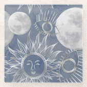 Solar Mystique | Dusty Blue Silver Moon Stars Sun Glasuntersetzer (Vorderseite)