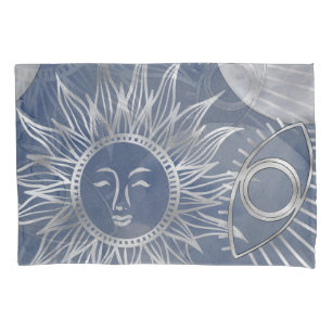 Solar Mystique   Dusty Blue Silver Moon Stars Sun Kissenbezug