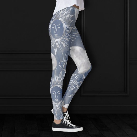 Solar Mystique | Dusty Blue Silver Moon Stars Sun Leggings