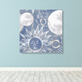 Solar Mystique | Dusty Blue Silver Moon Stars Sun Leinwanddruck (Insitu (Holzboden))