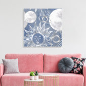 Solar Mystique | Dusty Blue Silver Moon Stars Sun Leinwanddruck (Insitu (Wohnzimmer))