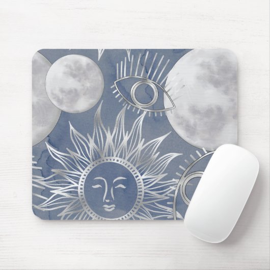 Solar Mystique | Dusty Blue Silver Moon Stars Sun Mousepad (Mit Mouse)