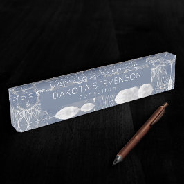 Solar Mystique | Dusty Blue Silver Moon Stars Sun Namensplakette