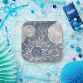 Solar Mystique | Dusty Blue Silver Moon Stars Sun Pappteller (Party)