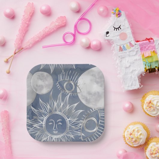 Solar Mystique | Dusty Blue Silver Moon Stars Sun Pappteller (Party)