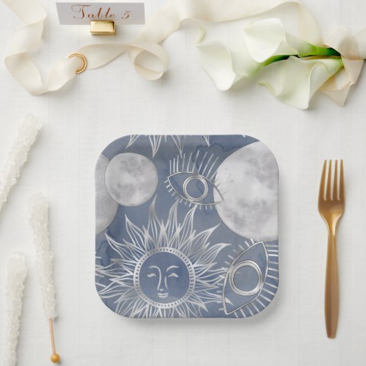 Solar Mystique | Dusty Blue Silver Moon Stars Sun Pappteller (Hochzeit)