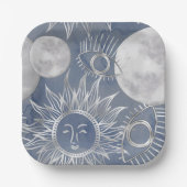 Solar Mystique | Dusty Blue Silver Moon Stars Sun Pappteller (Vorderseite)