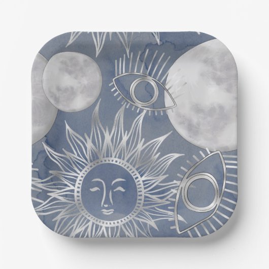 Solar Mystique | Dusty Blue Silver Moon Stars Sun Pappteller (Vorderseite)