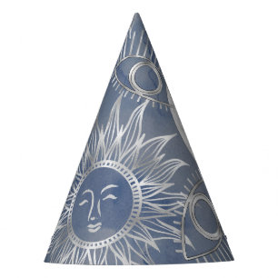 Solar Mystique Dusty Blue Silver Moon Stars Sun Partyhütchen