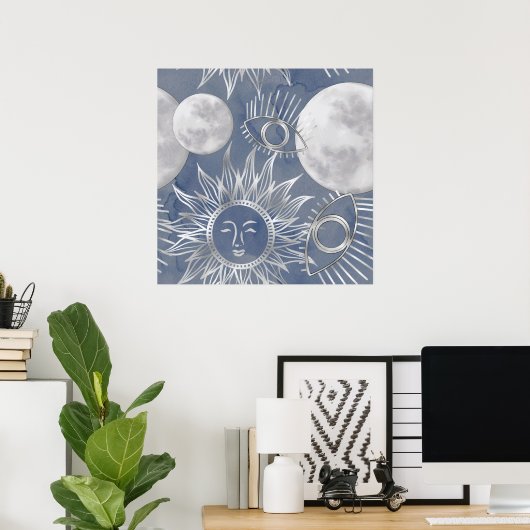 Solar Mystique | Dusty Blue Silver Moon Stars Sun Poster (Heimbüro)