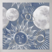 Solar Mystique | Dusty Blue Silver Moon Stars Sun Poster (Vorne)